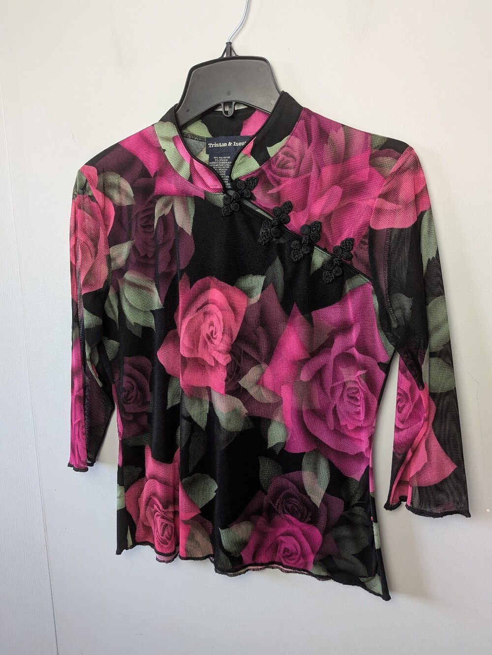 TRISTAN & ISEUT Women Y2k Shirt 3/4 Mesh Sleeve Roses Pattern Feminine Size L